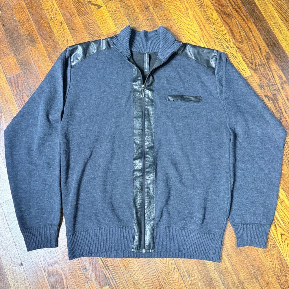 Leonardo Gavino Mens XXL Charcoal Gray Full Zip Cardigan Faux Leather Sweater